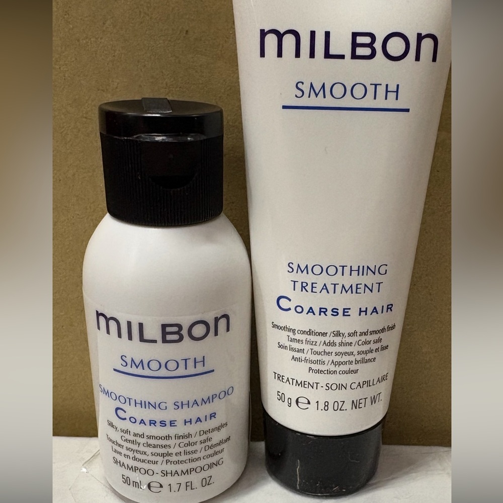 Milbon Smooth Smoothing Shampoo and Treatment for Coarse Hair Travel set - White